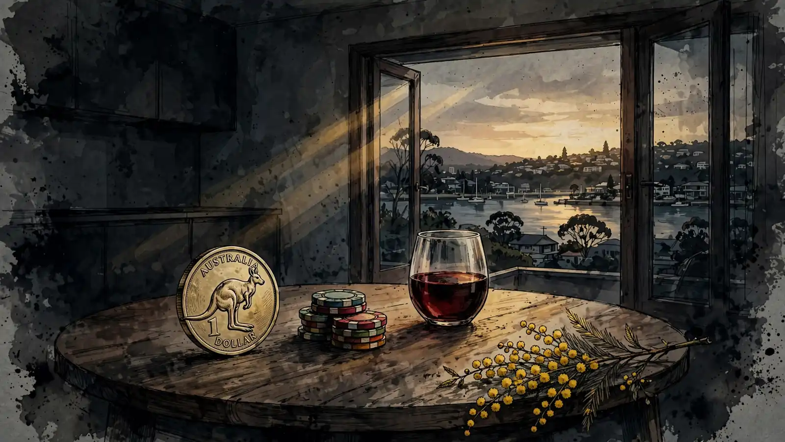 Gold Australian dollar coin beside poker chips with Sydney Harbour view