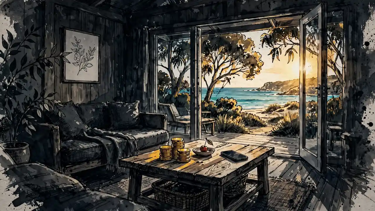 Australian coastal lounge with golden chips and a phone on a coffee table.
