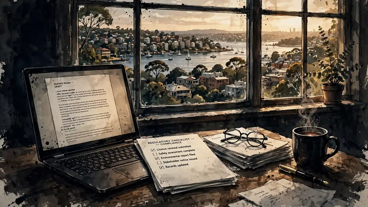 Home office desk in Sydney with laptop, papers and eucalyptus by the window