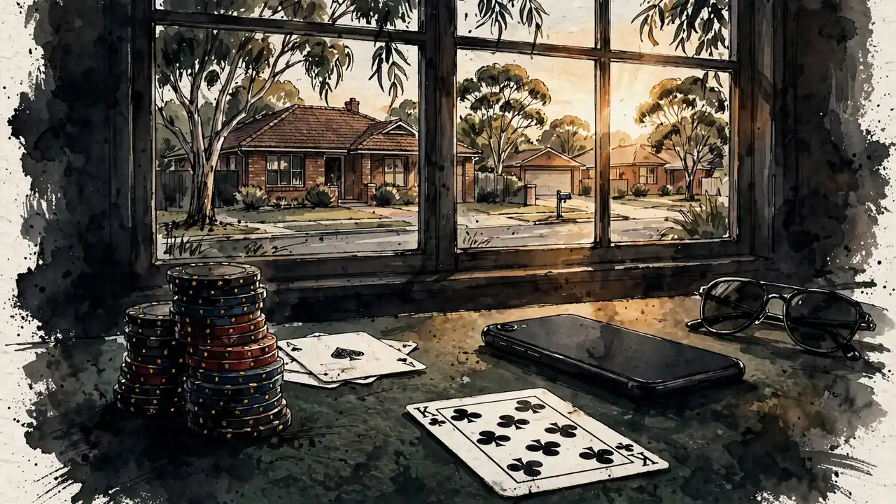 Casino chips, cards and a phone on a table, Australian suburb visible through the window.