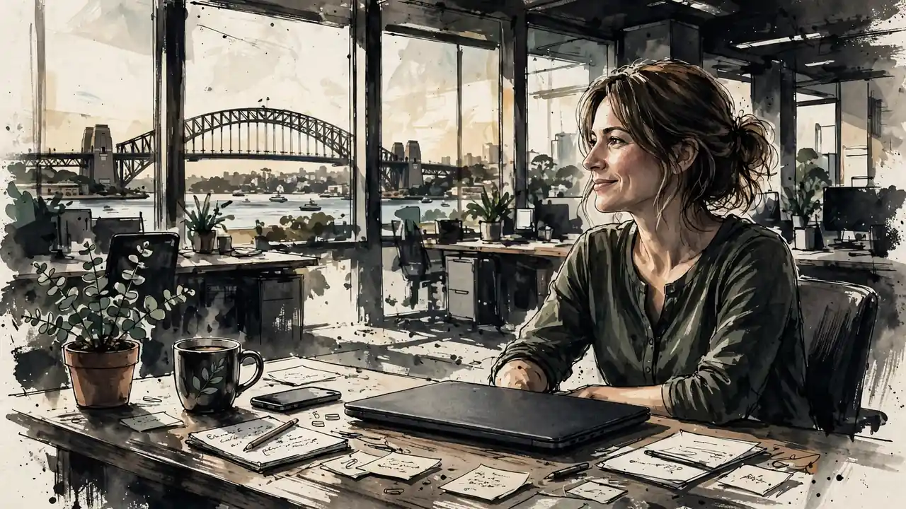 Support agent at a sunlit Sydney office desk with laptop, phone, and eucalyptus plant.