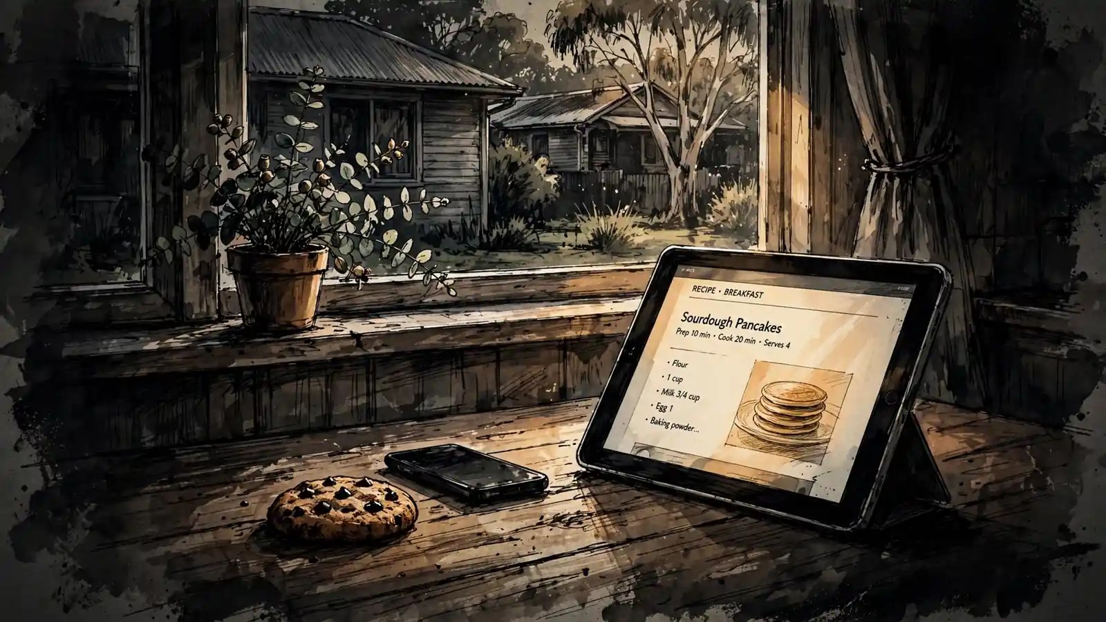 Cookie on a table near a smartphone and tablet with warm morning light.