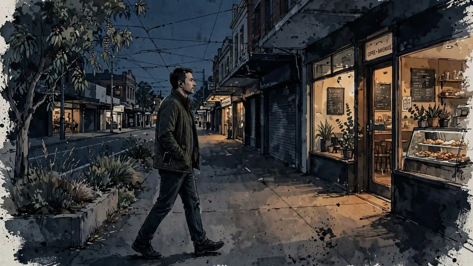 Person walking alone at dusk with phone pocketed
