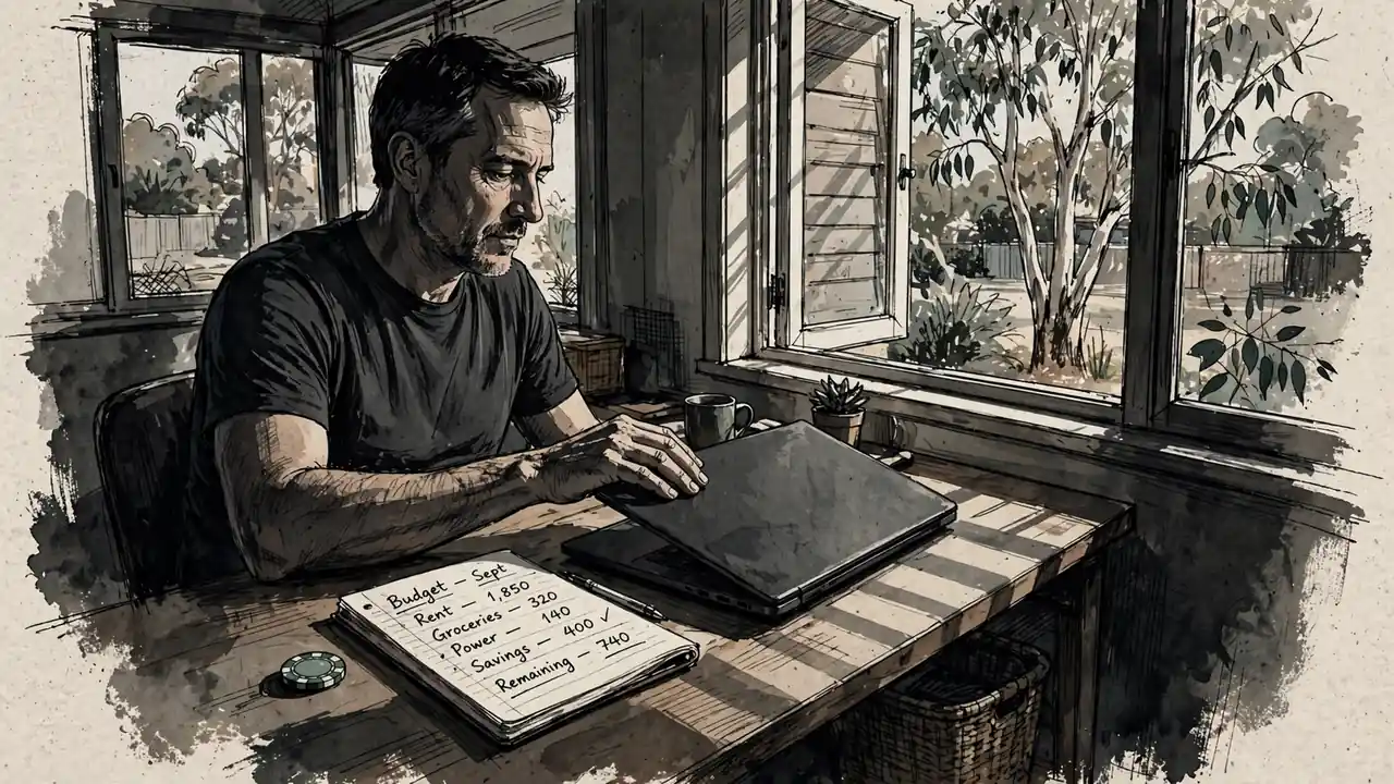 Man closing laptop at home desk with a single poker chip and budget notebook, afternoon light.
