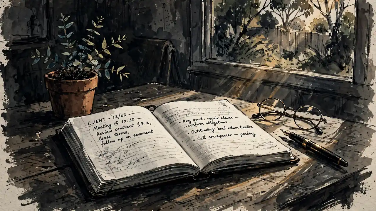 Legal notebook, reading glasses, fountain pen, and a small eucalyptus plant on a sunlit wooden desk.